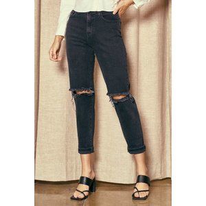 Vibrant MIU Womens Busted Mom Jeans Black Distressed Ripped Cropped size 25